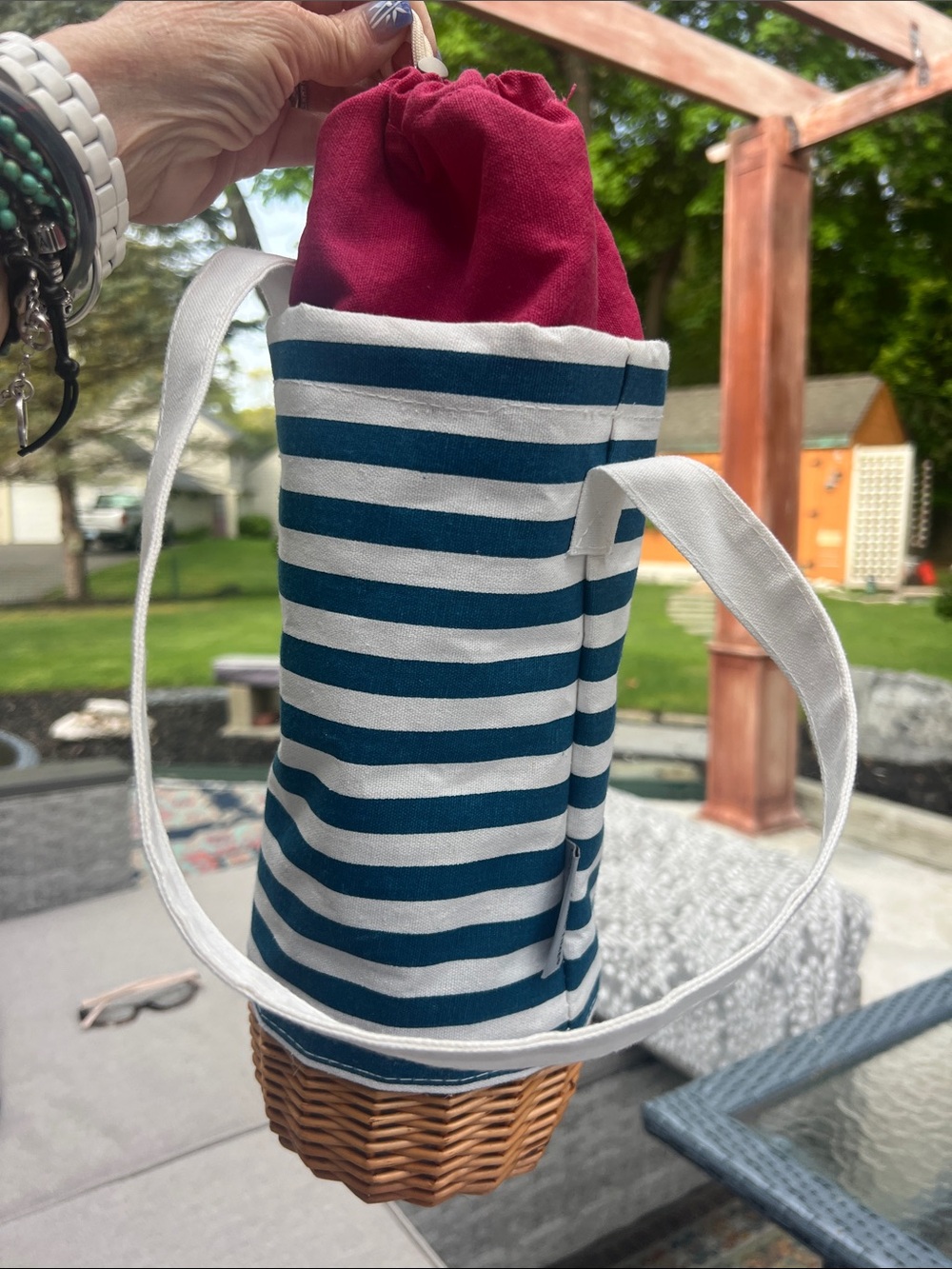 Navy & White Striped Tote with Pink Drawstring - Picture 3 of 5